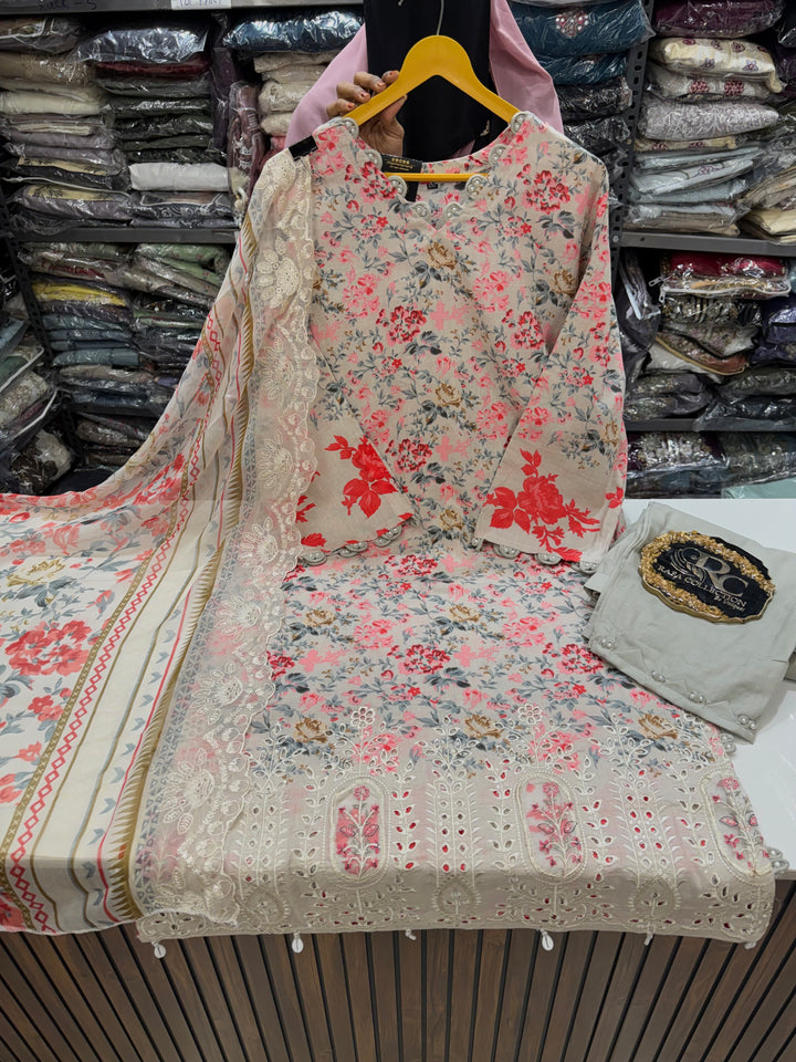Cotton chikan embroidered pearls suit 2558