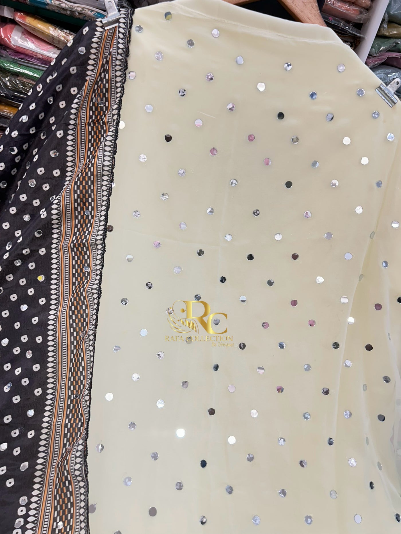Cream Mirror Work Unstich Suit 324
