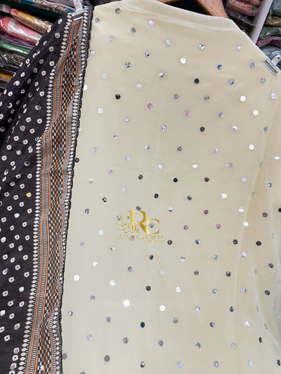 Cream Mirror Work Unstich Suit 324
