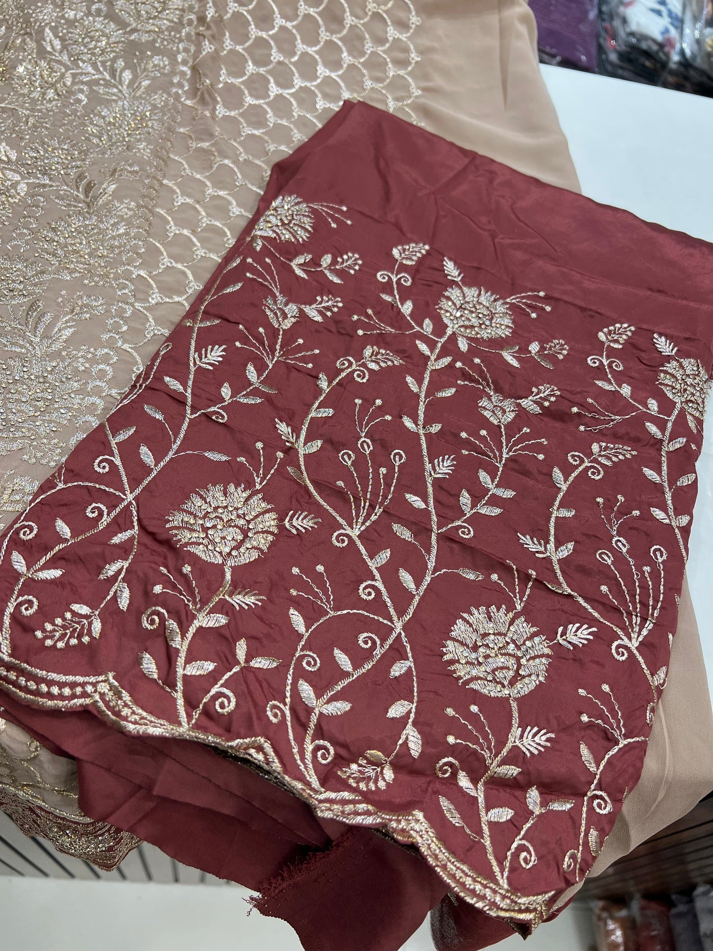 Zari thread work unstitched suits 182819