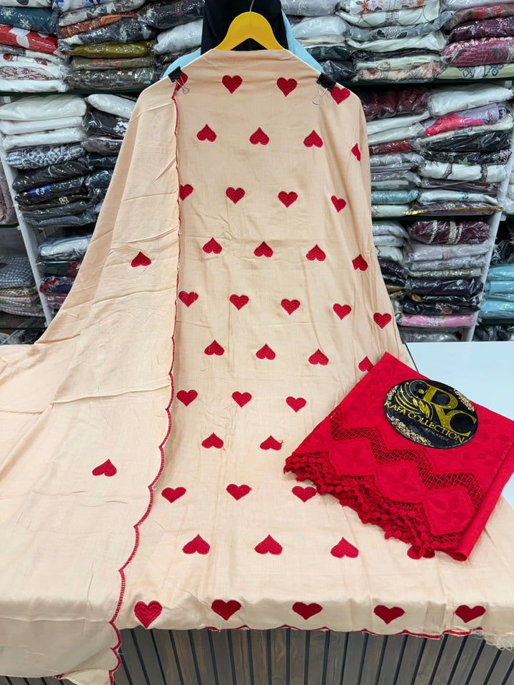 Heart Embroidered Unstitched Suits