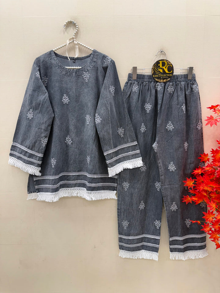 Denim embroidered co-ord sets
